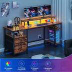 Bureau d'ordinateur réversible de 51 pouces marron avec classeur, support d'écran, étagères de rangement, prises de courant, table de travail/étude de jeu LED