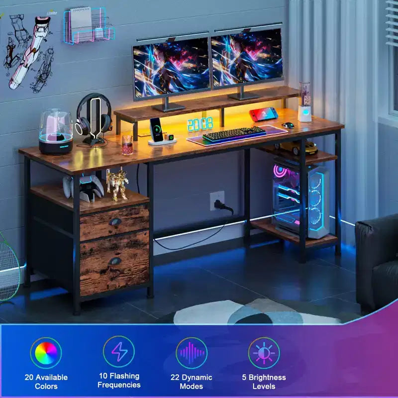 Bureau d'ordinateur réversible de 51 pouces marron avec classeur, support d'écran, étagères de rangement, prises de courant, table de travail/étude de jeu LED
