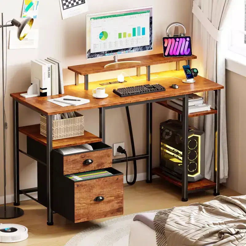 Bureau d'ordinateur réversible de 51 pouces marron avec classeur, support d'écran, étagères de rangement, prises de courant, table de travail/étude de jeu LED