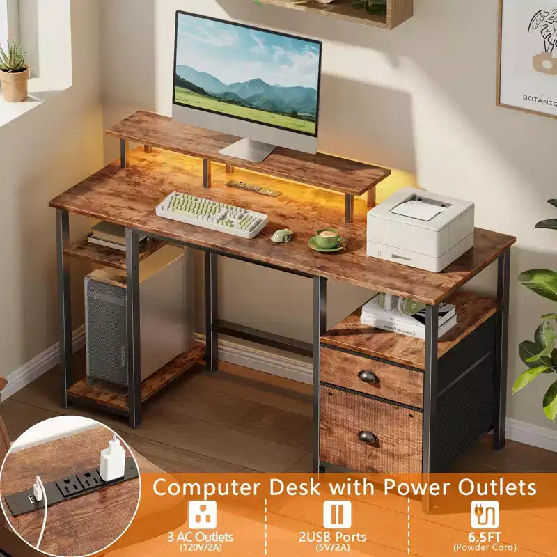 Bureau d'ordinateur réversible de 51 pouces marron avec classeur, support d'écran, étagères de rangement, prises de courant, table de travail/étude de jeu LED