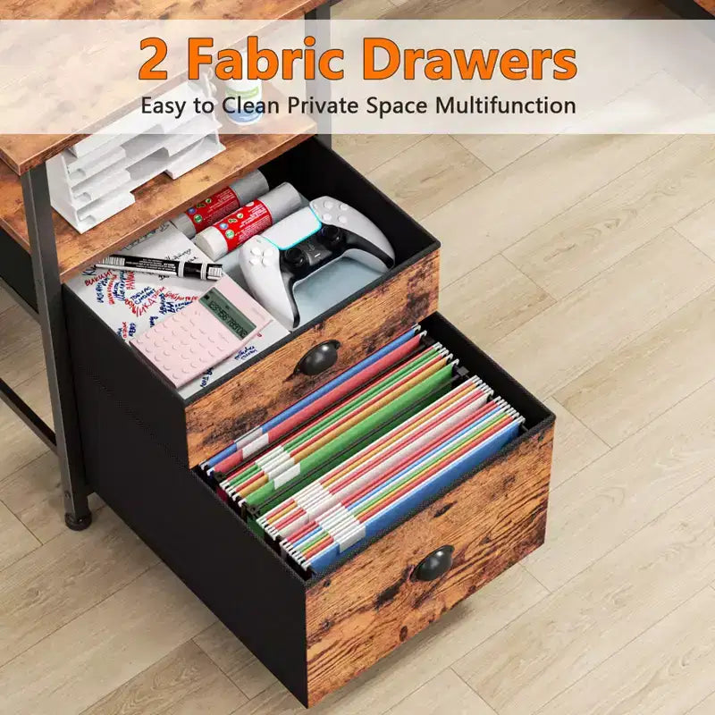 Bureau d'ordinateur réversible de 51 pouces marron avec classeur, support d'écran, étagères de rangement, prises de courant, table de travail/étude de jeu LED