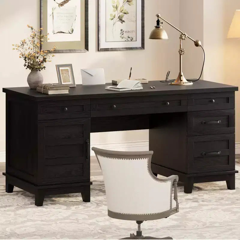 Bureau double pour bureau à domicile, bureau extra-large avec armoires de rangement réglables, tiroirs à extension complète et station de charge
