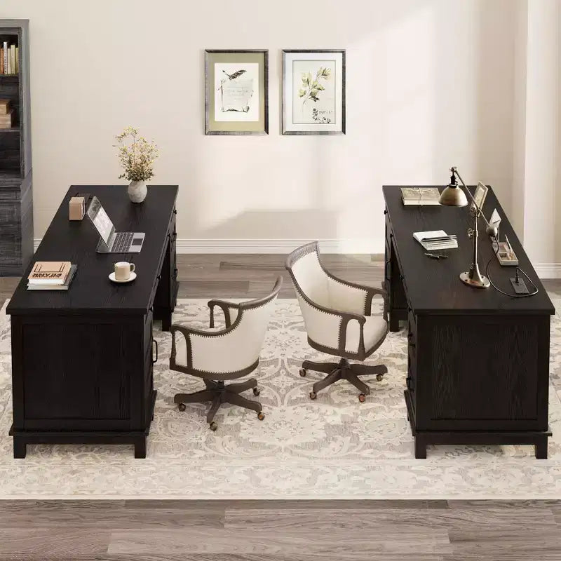 Bureau double pour bureau à domicile, bureau extra-large avec armoires de rangement réglables, tiroirs à extension complète et station de charge