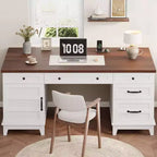 Bureau double pour bureau à domicile, bureau extra-large avec armoires de rangement réglables, tiroirs à extension complète et station de charge