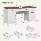 Bureau double pour bureau à domicile, bureau extra-large avec armoires de rangement réglables, tiroirs à extension complète et station de charge