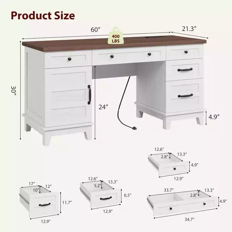 Bureau double pour bureau à domicile, bureau extra-large avec armoires de rangement réglables, tiroirs à extension complète et station de charge