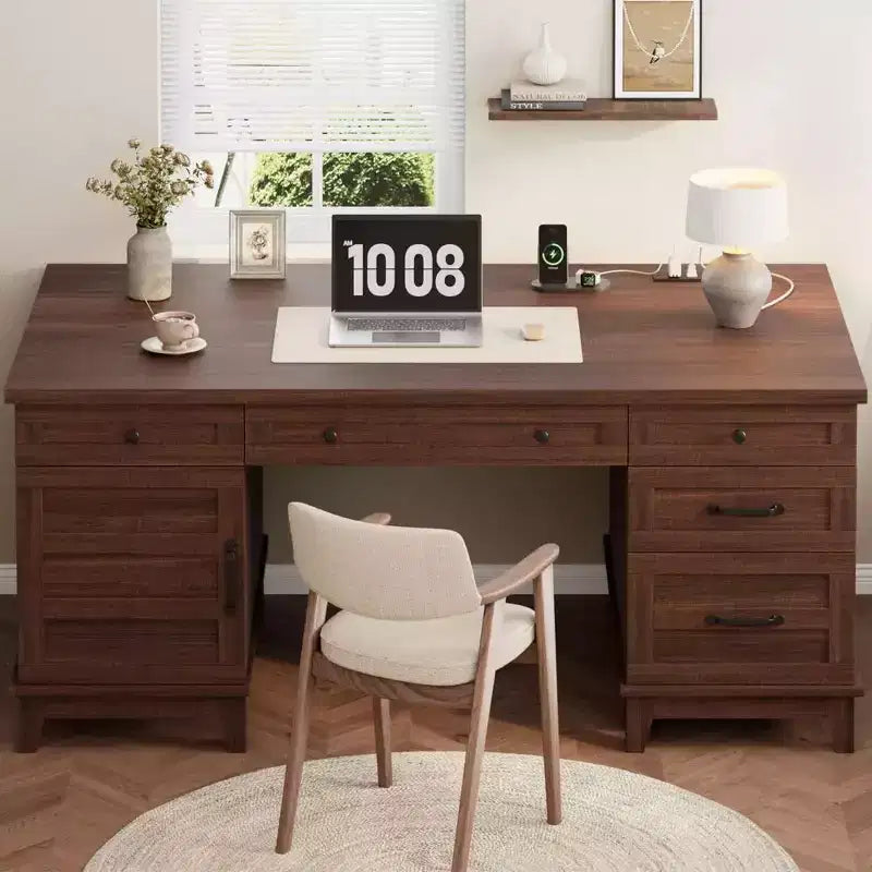 Bureau double pour bureau à domicile, bureau extra-large avec armoires de rangement réglables, tiroirs à extension complète et station de charge