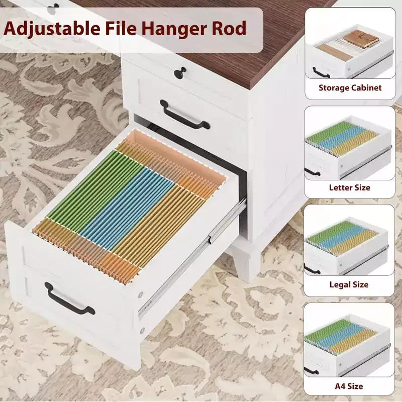 Bureau double pour bureau à domicile, bureau extra-large avec armoires de rangement réglables, tiroirs à extension complète et station de charge