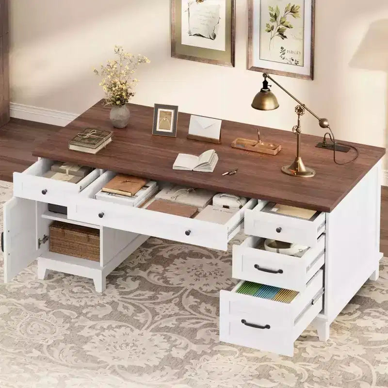 Bureau double pour bureau à domicile, bureau extra-large avec armoires de rangement réglables, tiroirs à extension complète et station de charge
