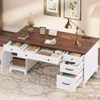 Bureau double pour bureau à domicile, bureau extra-large avec armoires de rangement réglables, tiroirs à extension complète et station de charge