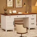 Bureau double pour bureau à domicile, bureau extra-large avec armoires de rangement réglables, tiroirs à extension complète et station de charge