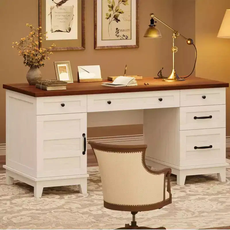 Bureau double pour bureau à domicile, bureau extra-large avec armoires de rangement réglables, tiroirs à extension complète et station de charge