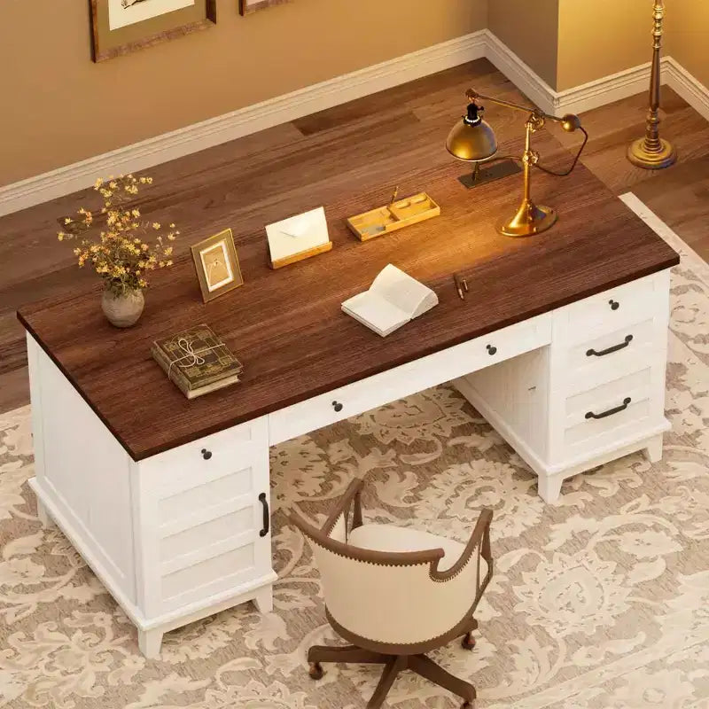 Bureau double pour bureau à domicile, bureau extra-large avec armoires de rangement réglables, tiroirs à extension complète et station de charge