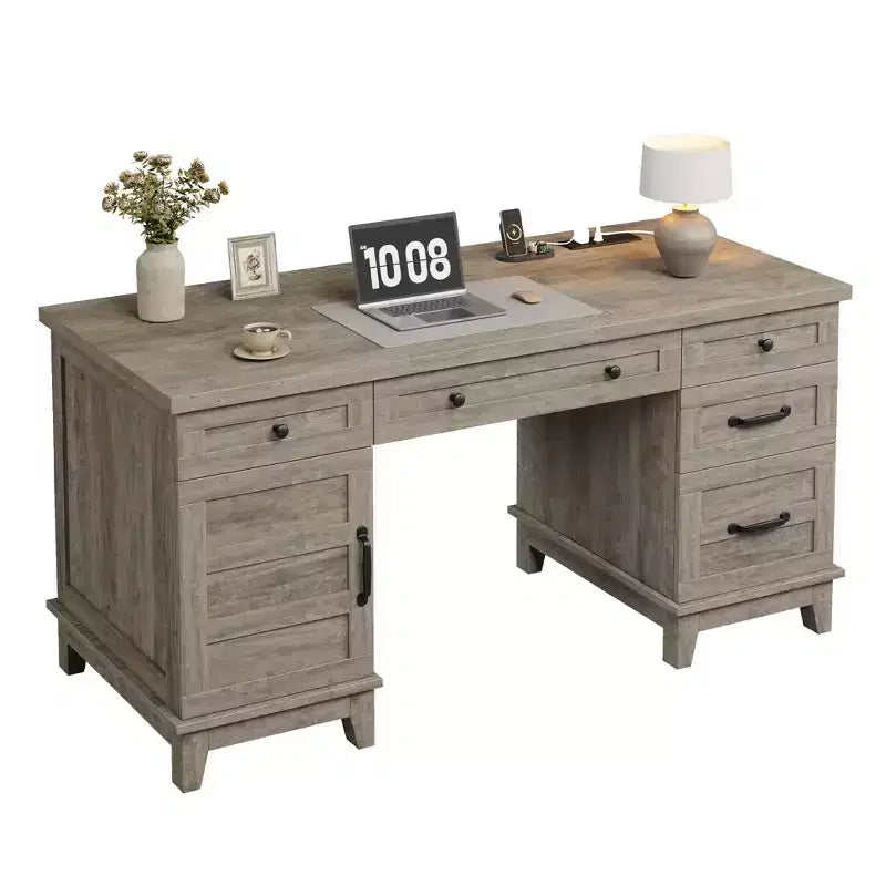 Bureau double pour bureau à domicile, bureau extra-large avec armoires de rangement réglables, tiroirs à extension complète et station de charge