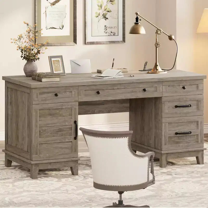 Bureau double pour bureau à domicile, bureau extra-large avec armoires de rangement réglables, tiroirs à extension complète et station de charge
