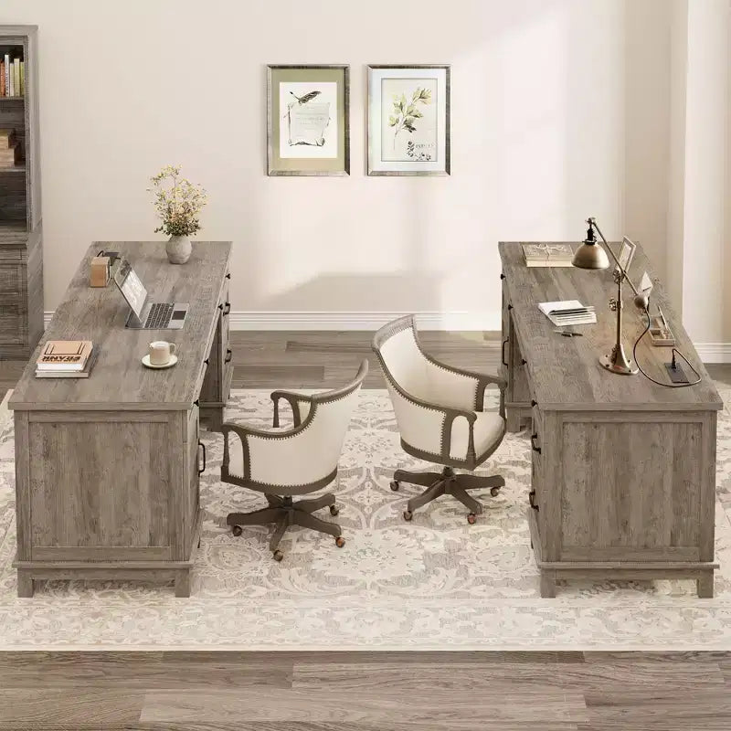 Bureau double pour bureau à domicile, bureau extra-large avec armoires de rangement réglables, tiroirs à extension complète et station de charge
