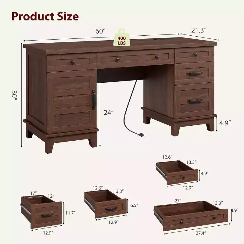 Bureau double pour bureau à domicile, bureau extra-large avec armoires de rangement réglables, tiroirs à extension complète et station de charge