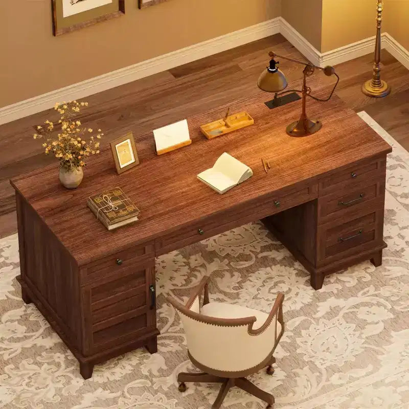 Bureau double pour bureau à domicile, bureau extra-large avec armoires de rangement réglables, tiroirs à extension complète et station de charge