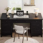Bureau double pour bureau à domicile, bureau extra-large avec armoires de rangement réglables, tiroirs à extension complète et station de charge
