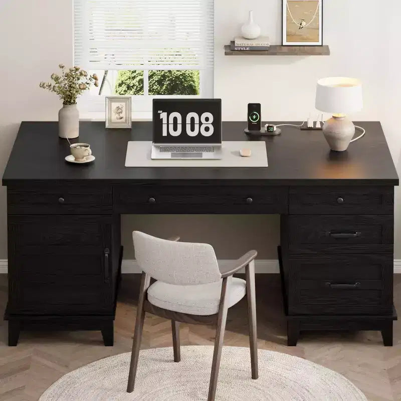 Bureau double pour bureau à domicile, bureau extra-large avec armoires de rangement réglables, tiroirs à extension complète et station de charge