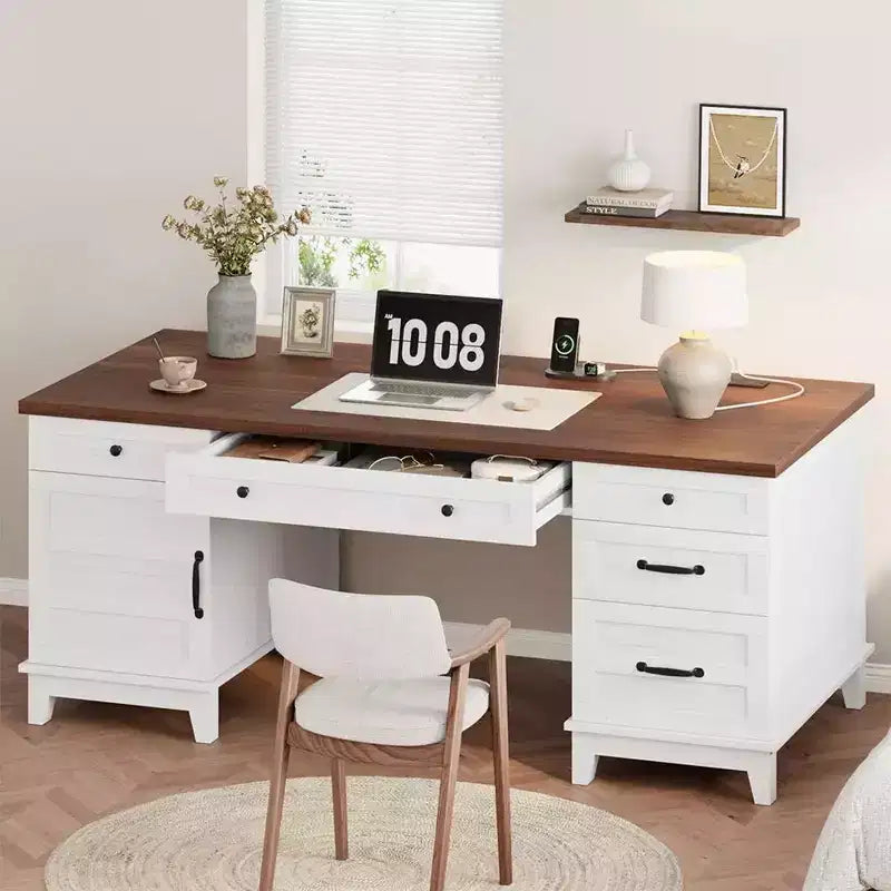 Bureau double pour bureau à domicile, bureau extra-large avec armoires de rangement réglables, tiroirs à extension complète et station de charge