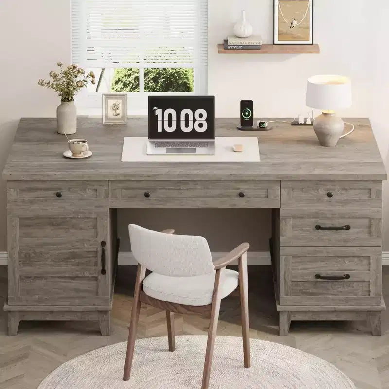 Bureau double pour bureau à domicile, bureau extra-large avec armoires de rangement réglables, tiroirs à extension complète et station de charge