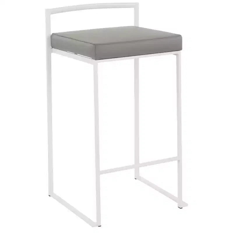 Tabourets de bar contemporains Fuji 26", hauteur comptoir, blanc/gris, rembourrés, structure métallique, empilables