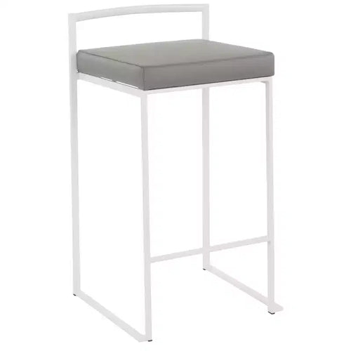 Tabourets de bar contemporains Fuji 26", hauteur comptoir, blanc/gris, rembourrés, structure métallique, empilables