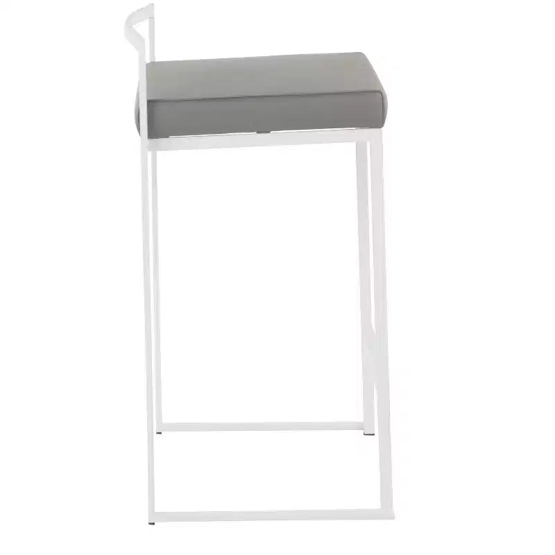 Tabourets de bar contemporains Fuji 26", hauteur comptoir, blanc/gris, rembourrés, structure métallique, empilables