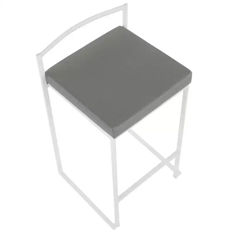 Tabourets de bar contemporains Fuji 26", hauteur comptoir, blanc/gris, rembourrés, structure métallique, empilables