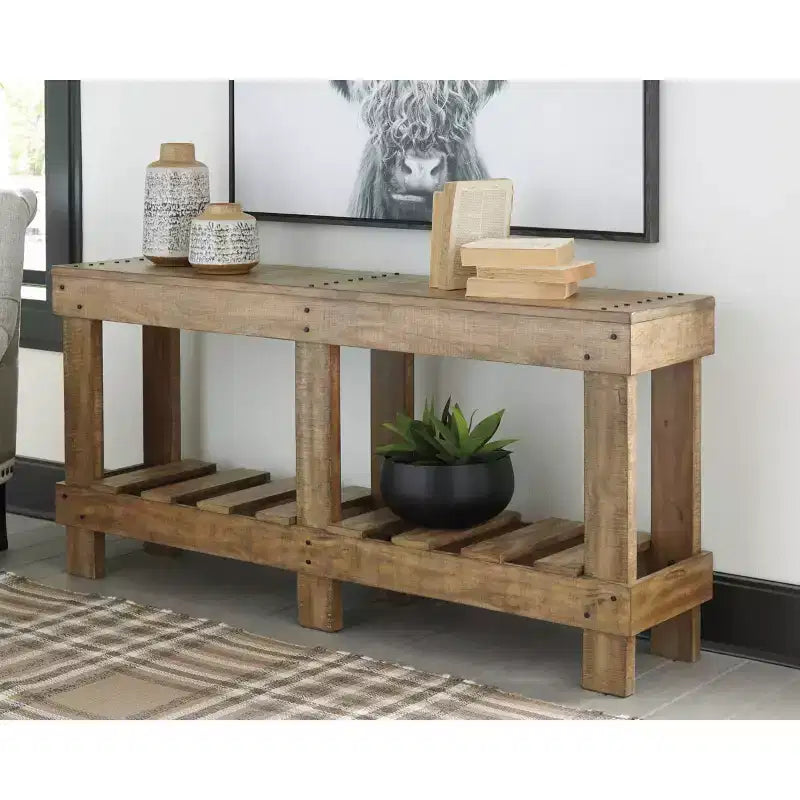 Canapé et table console marron – Entrée moderne, rangement avec étagère ouverte
