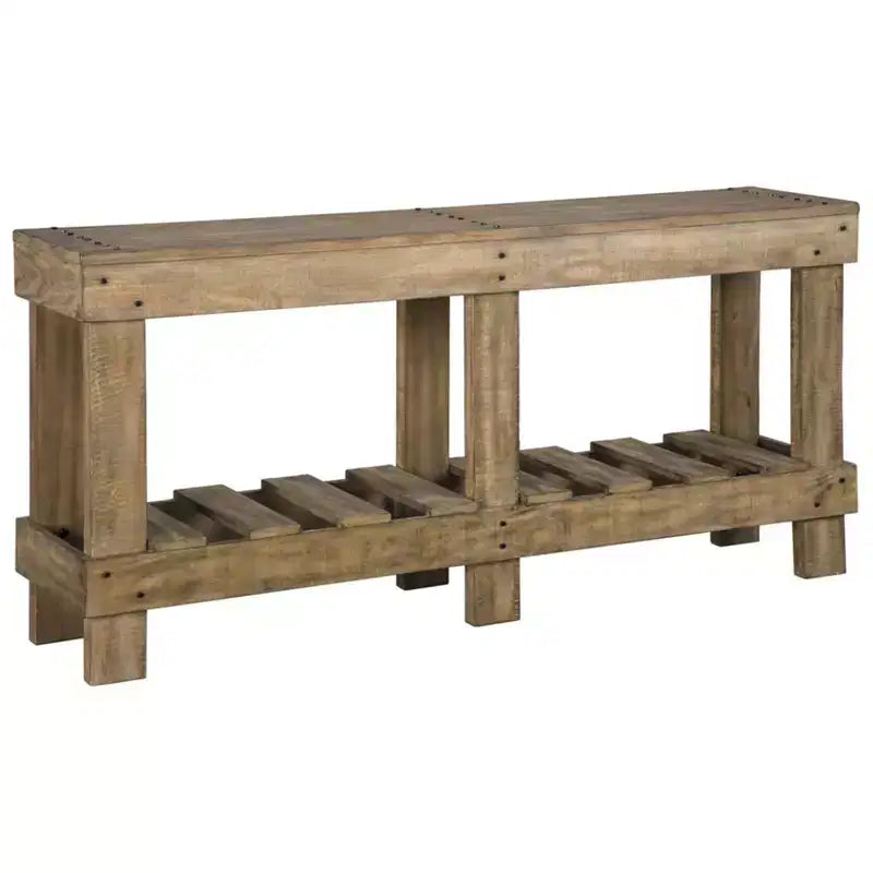 Canapé et table console marron – Entrée moderne, rangement avec étagère ouverte