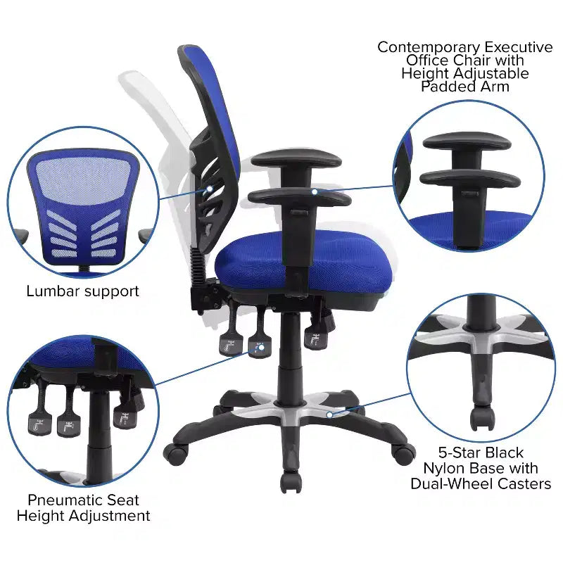 Chaise de bureau ergonomique exécutive multifonctionnelle en maille avec dossier mi-haut et accoudoirs réglables