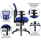 Chaise de bureau ergonomique exécutive multifonctionnelle en maille avec dossier mi-haut et accoudoirs réglables