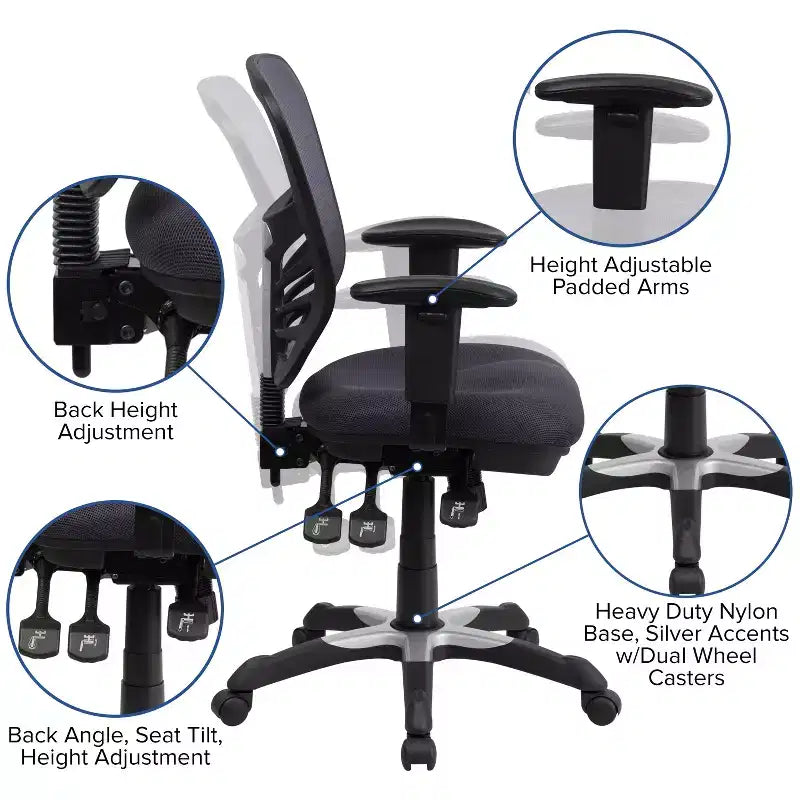 Chaise de bureau ergonomique exécutive multifonctionnelle en maille avec dossier mi-haut et accoudoirs réglables